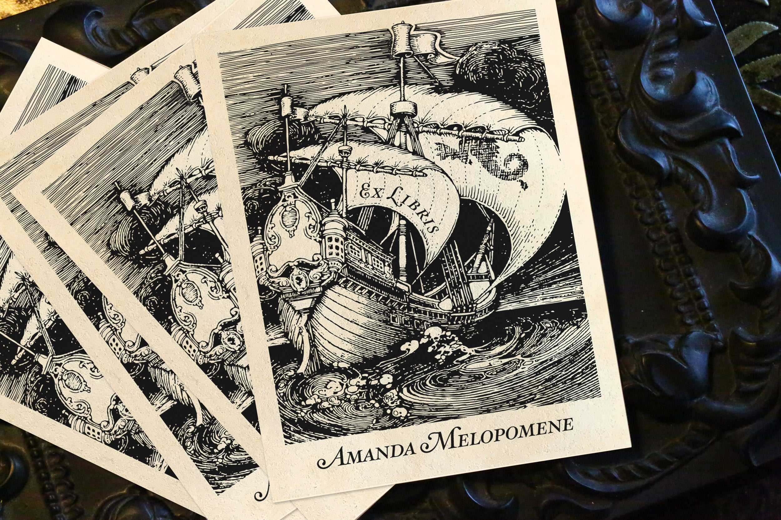 Fantasy Galleon, Personalized Naval Ex-Libris Bookplates, Crafted on Traditional Gummed Paper, 3in x 4in, Set of 30