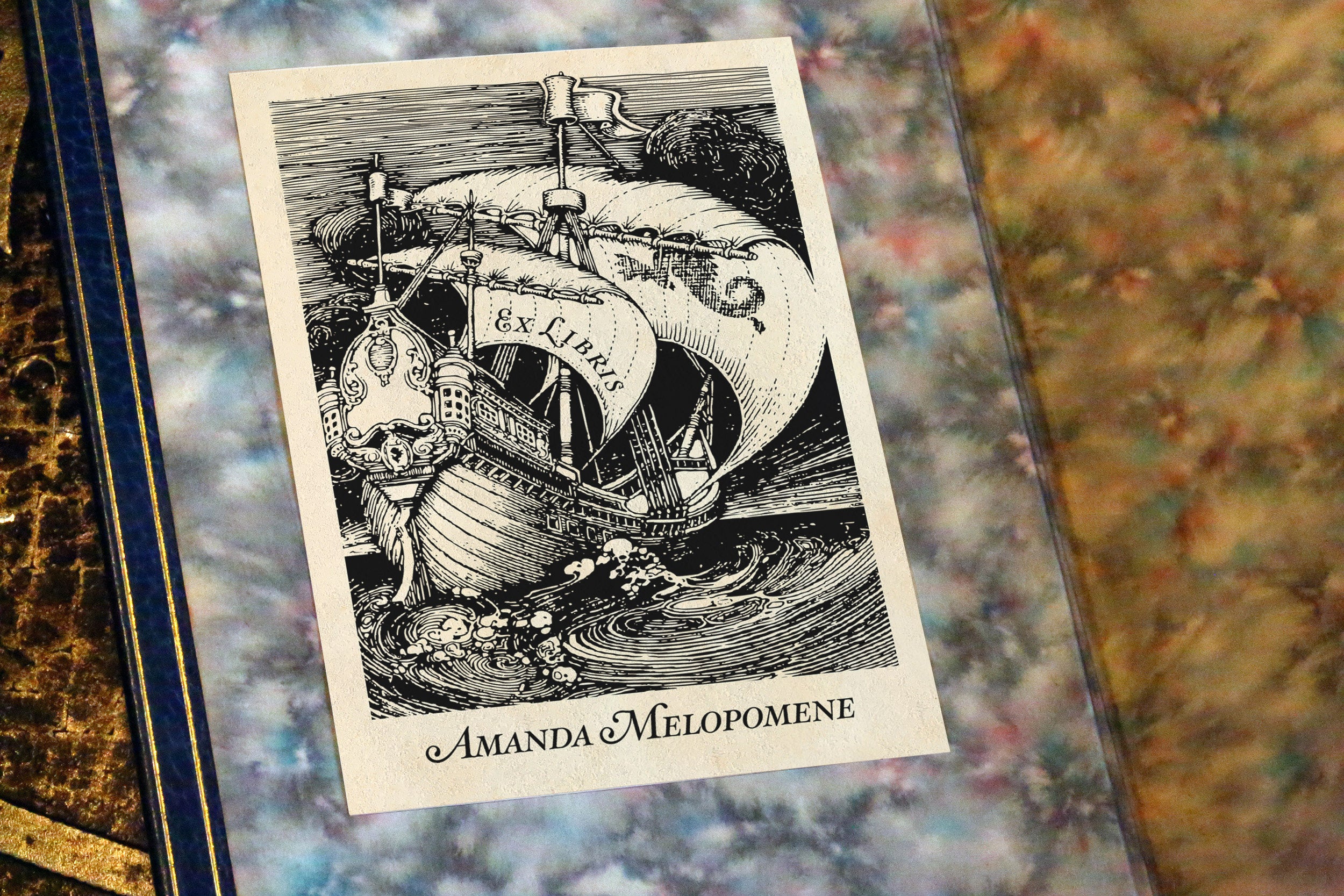 Fantasy Galleon, Personalized Naval Ex-Libris Bookplates, Crafted on Traditional Gummed Paper, 3in x 4in, Set of 30