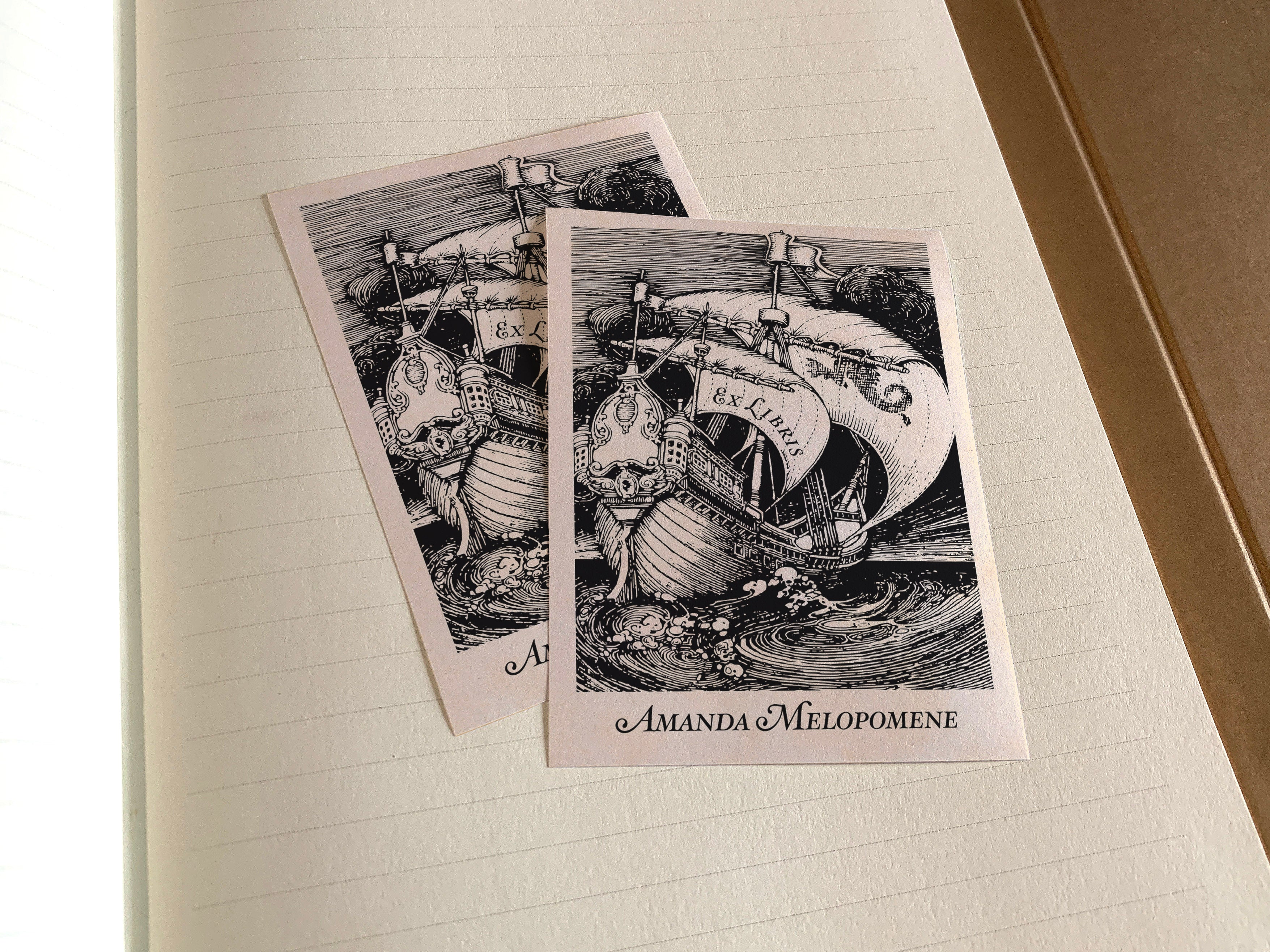 Fantasy Galleon, Personalized Naval Ex-Libris Bookplates, Crafted on Traditional Gummed Paper, 3in x 4in, Set of 30