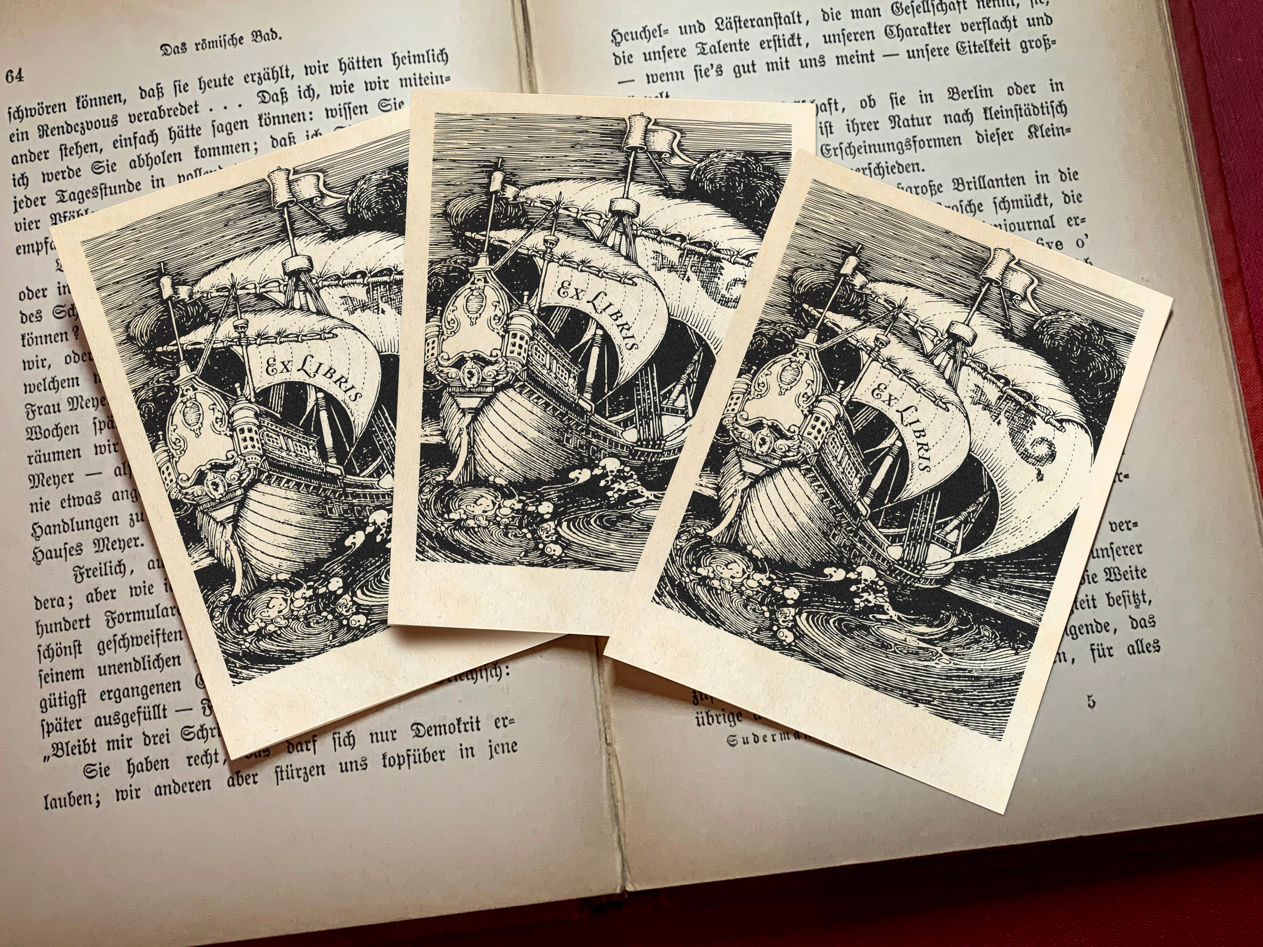 Fantasy Galleon, Personalized Naval Ex-Libris Bookplates, Crafted on Traditional Gummed Paper, 3in x 4in, Set of 30