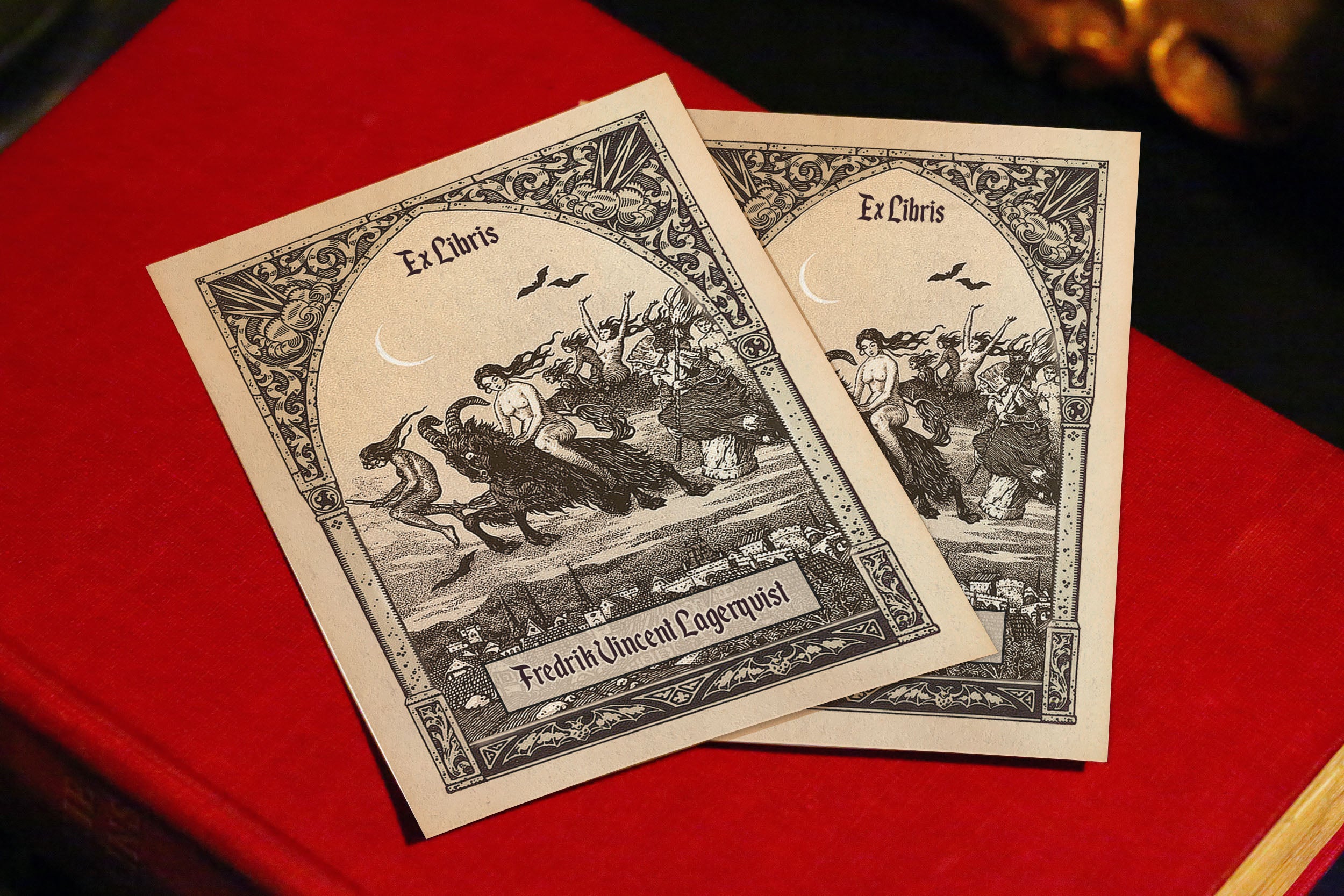 Witches Flying to Sabbath, Ex-Libris Bookplates, Crafted on Traditional Gummed Paper, 3in x 4in, Set of 30