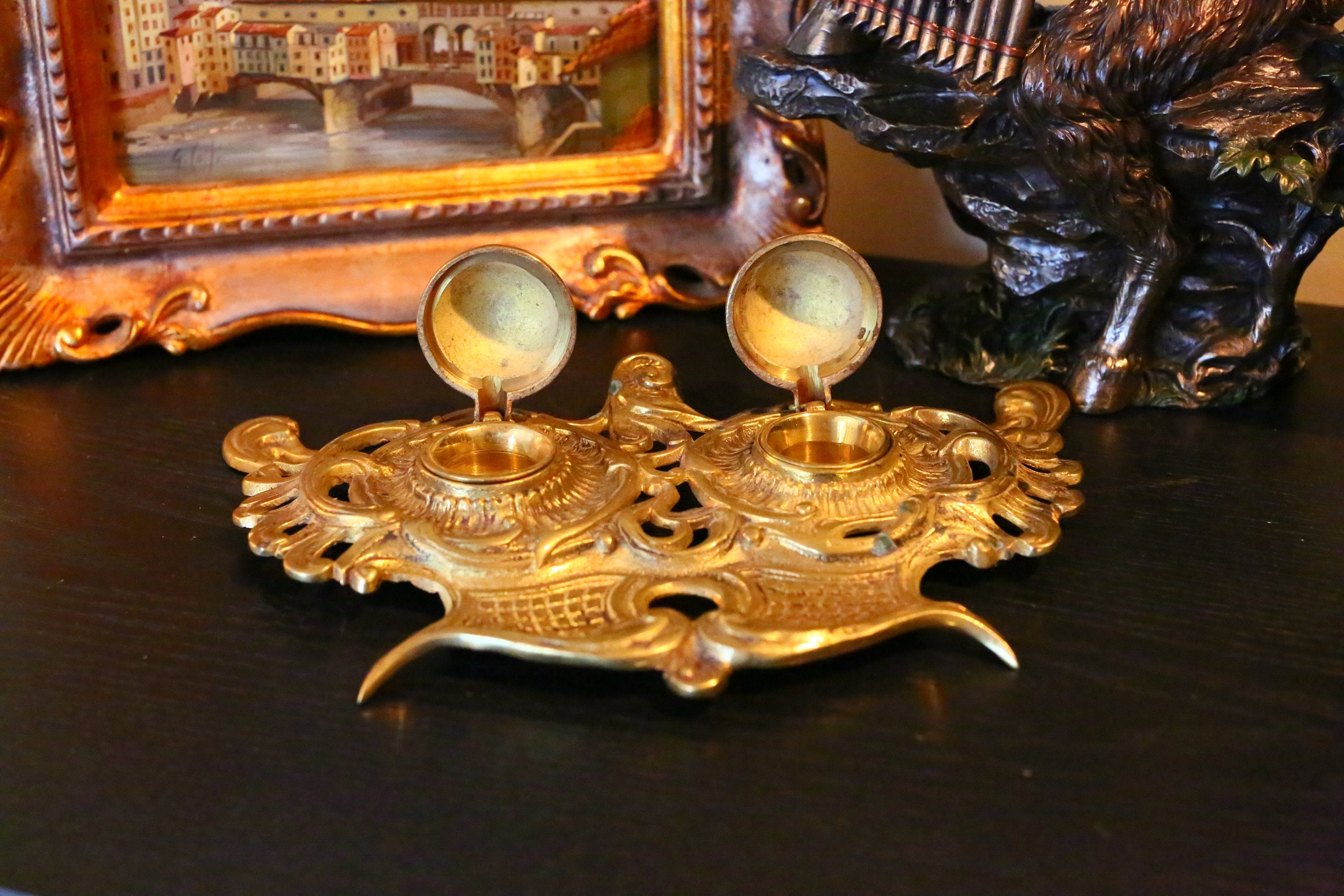 Antique Victorian Brass Inkwell with Double Wells and a Lovely Patina