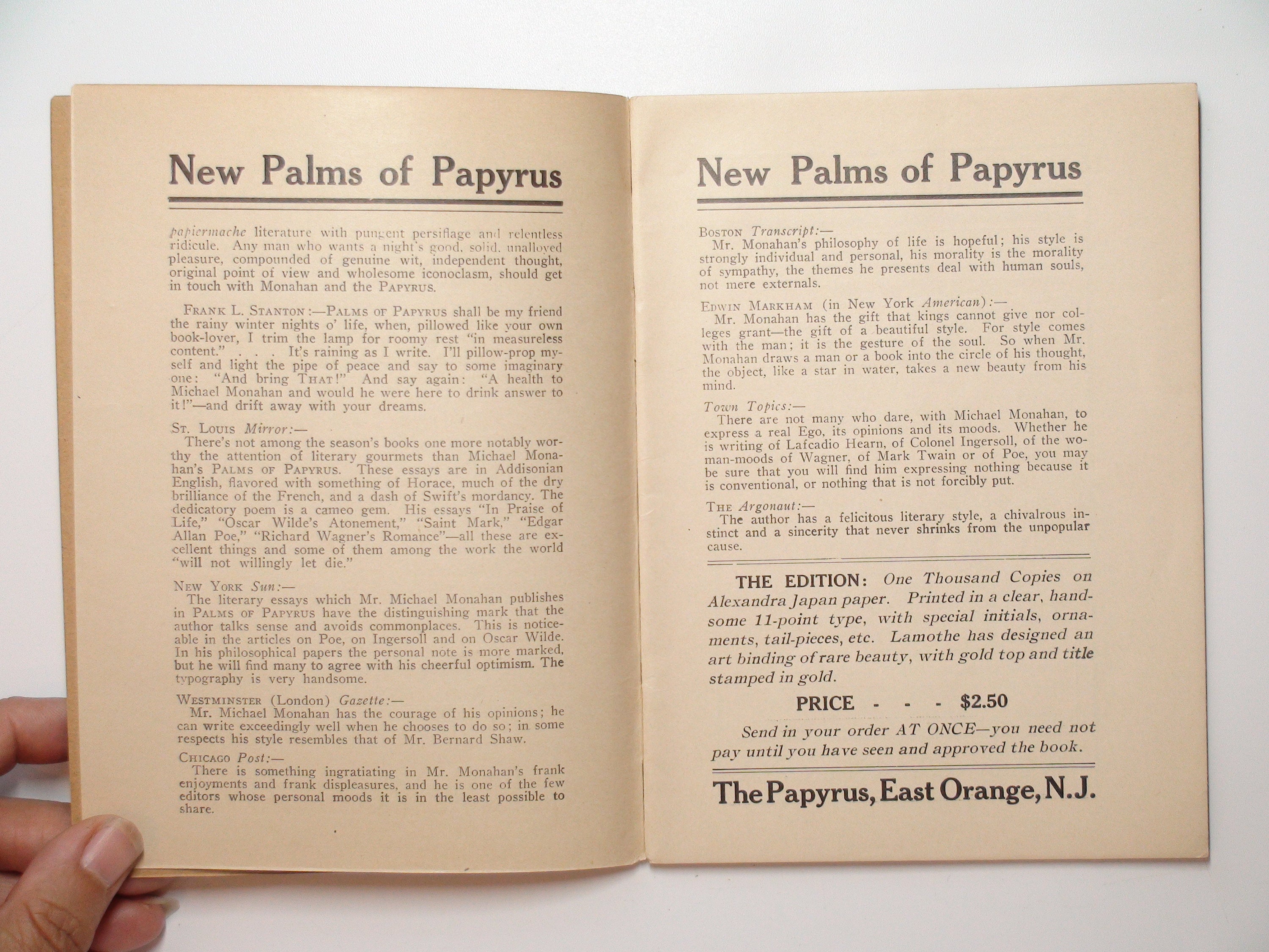 The Papyrus Magazine, Ed. by Michael Monahan, RARE, 1st Ed, Jan-Feb 1910