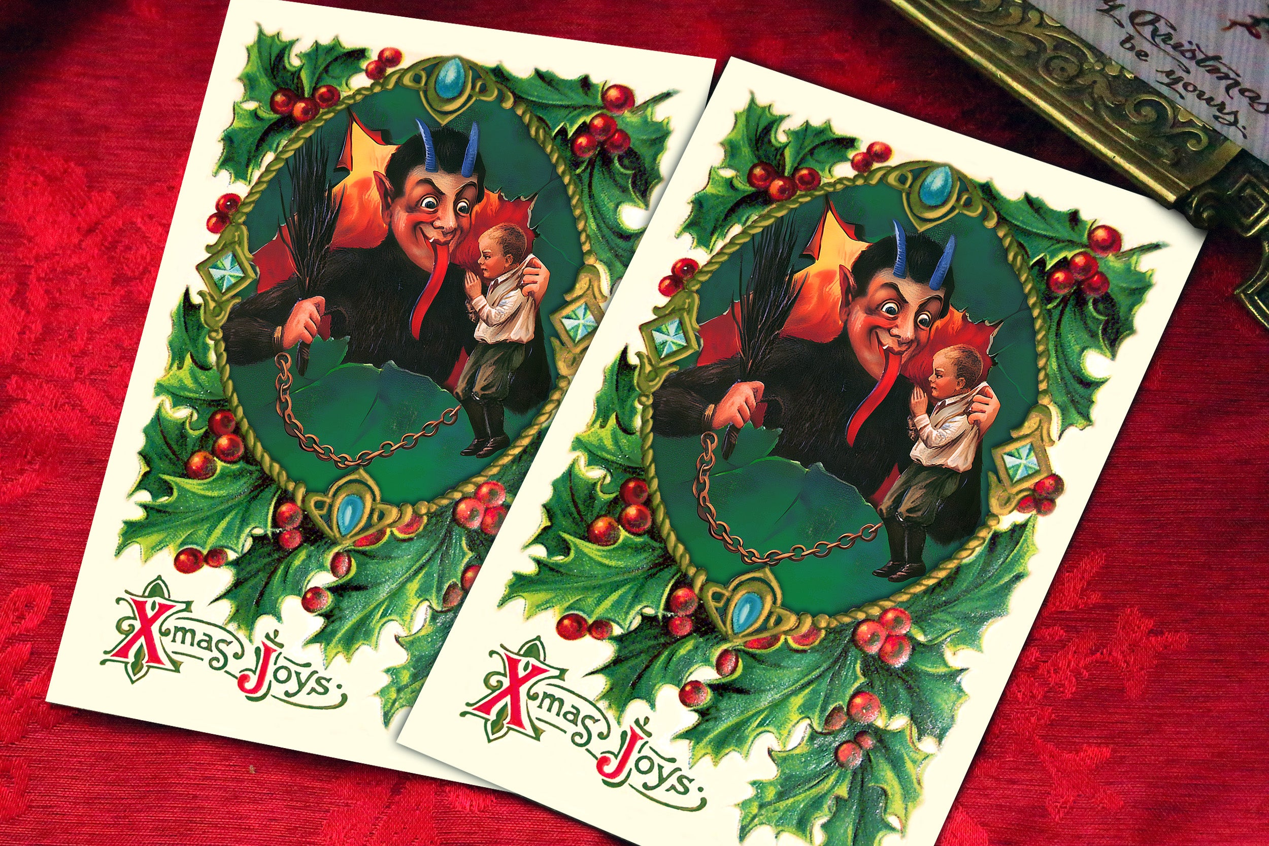 Xmas Joys Krampus, Gruss Vom Krampus Victorian-Inspired Christmas Postcard Set, Set of 12