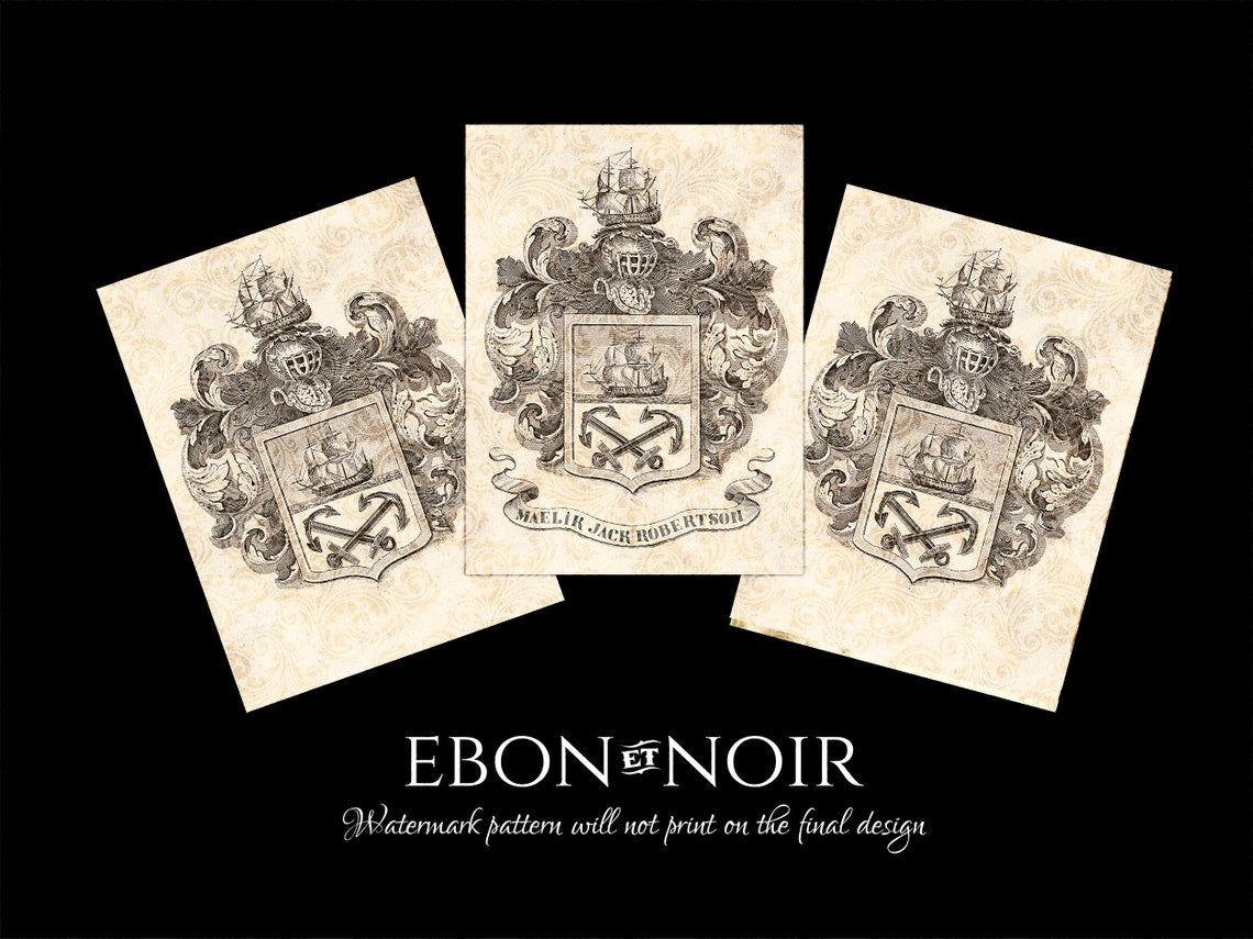 Two Anchors, Personalized Heraldic Ex-Libris Bookplates, Crafted on Traditional Gummed Paper, 3in x 4in, Set of 30
