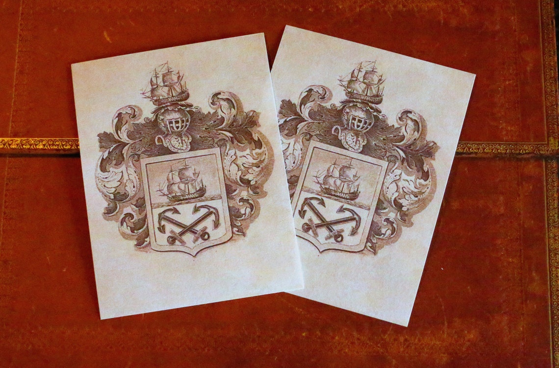 Two Anchors, Personalized Heraldic Ex-Libris Bookplates, Crafted on Traditional Gummed Paper, 3in x 4in, Set of 30