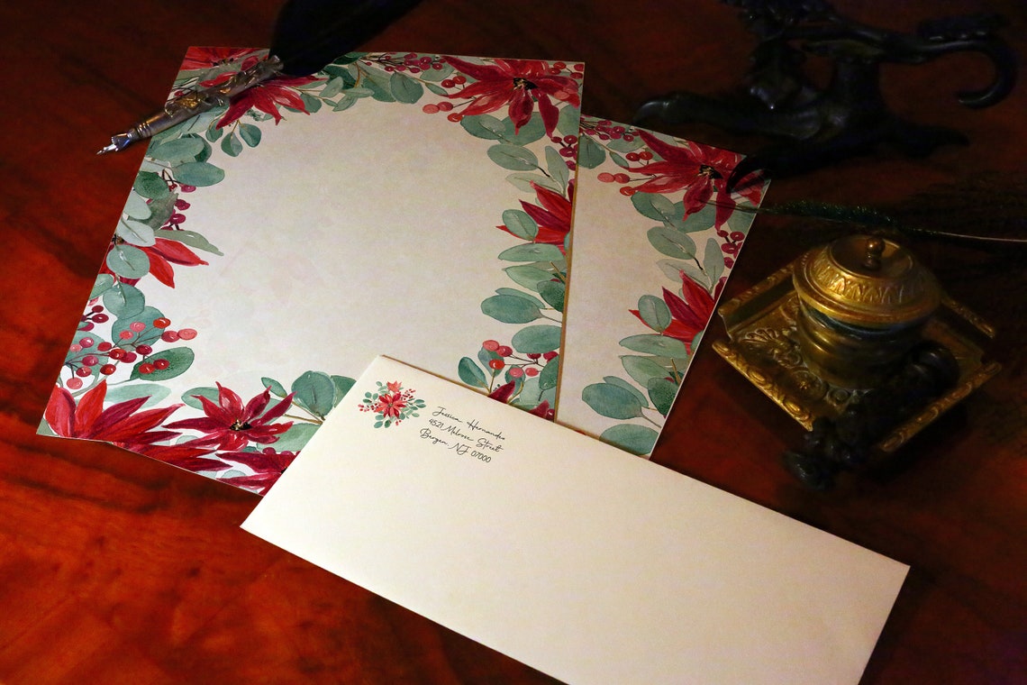 Watercolor Poinsettia, Luxurious Handcrafted Stationery Set for the Holidays, Personalized, 12 Sheets/10 Envelopes, Available in 4 Styles