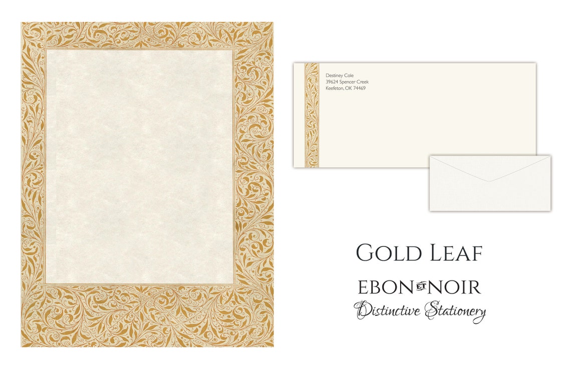 Gold Leaf, Luxurious Handcrafted Stationery Set for Letter Writing, Personalized, 12 Sheets/10 Envelopes