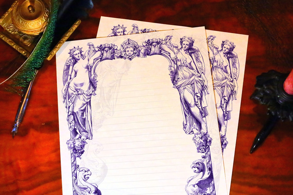 Baroque Angels, Luxurious Handcrafted Stationery Set for Letter Writing, Personalized, 12 Sheets/10 Envelopes, Available in 3 Colors