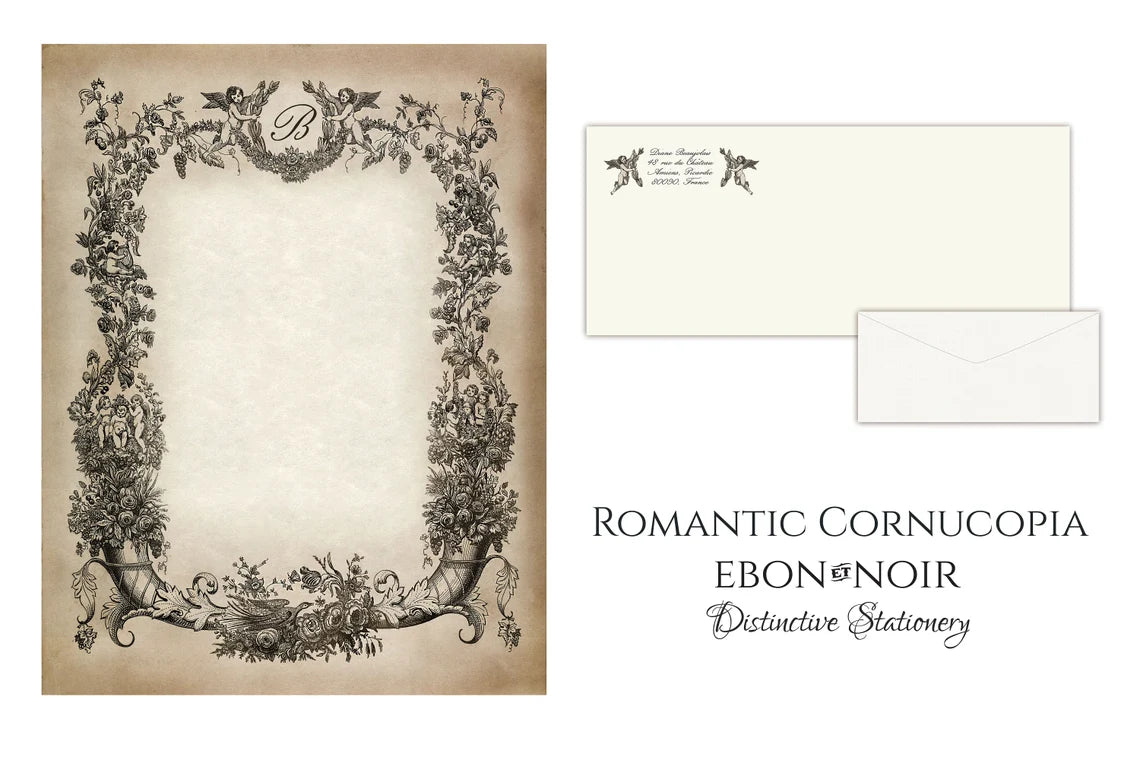 Romantic Cornucopia, Luxurious Stationery, Personalized and Handcrafted, 12 Sheets/10 Envelopes