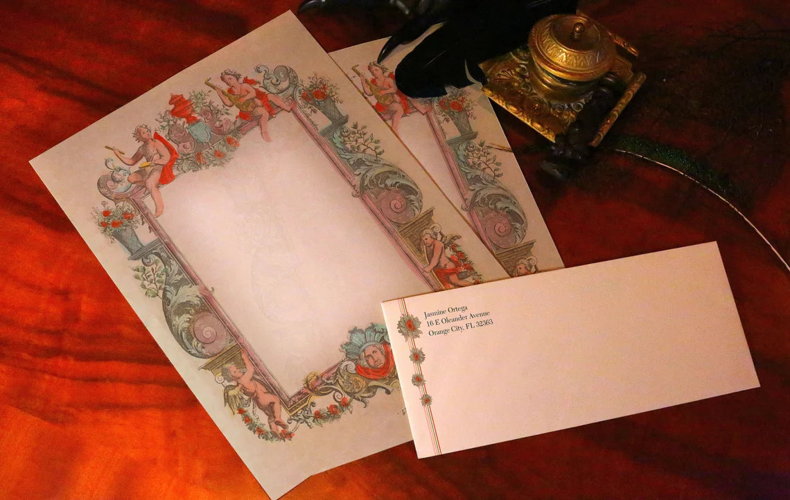 Rococo Cherubs, Luxurious Handcrafted Stationery Set for Letter Writing, Personalized, 12 Sheets/10 Envelopes