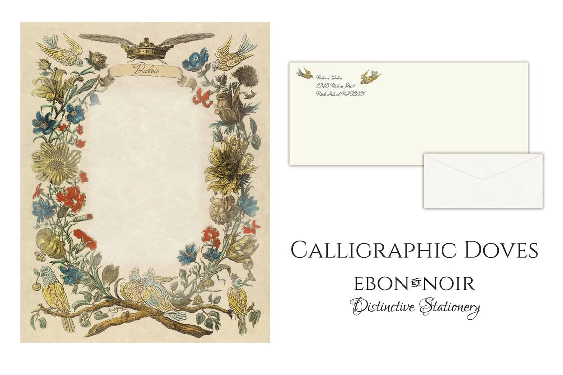 Calligraphic Doves, Luxurious Handcrafted Stationery Set for Letter Writing, Personalized, 12 Sheets/10 Envelopes