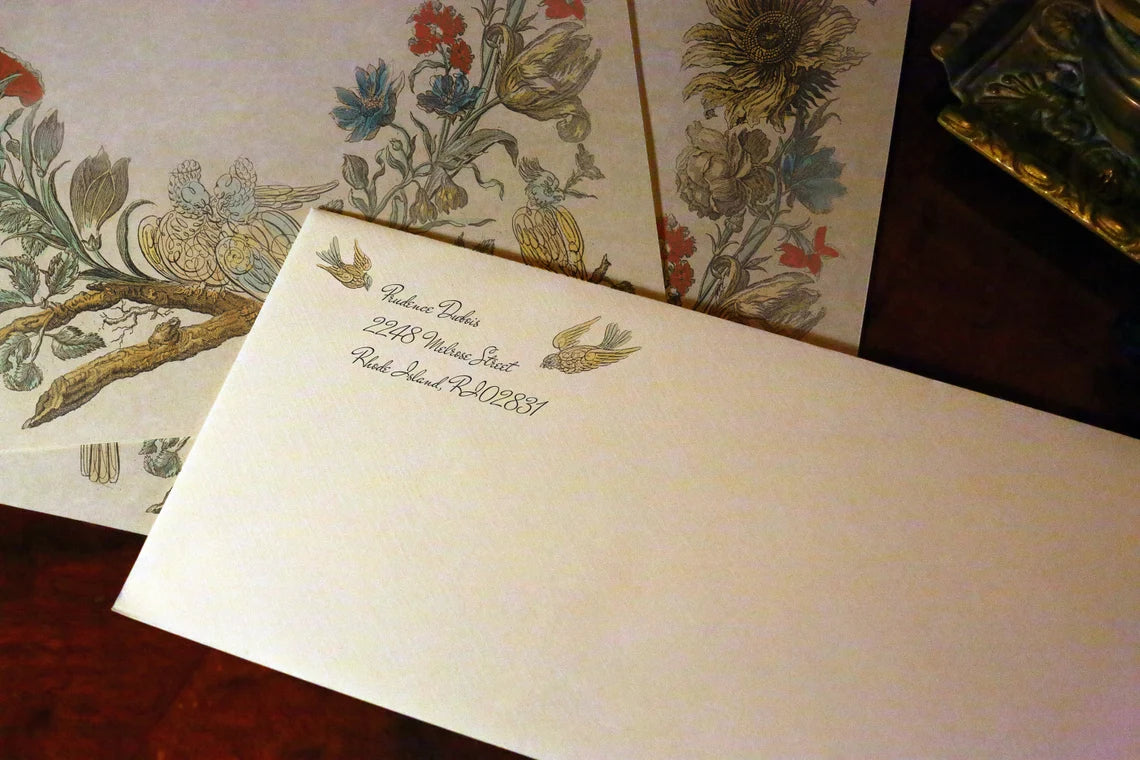Calligraphic Doves, Luxurious Handcrafted Stationery Set for Letter Writing, Personalized, 12 Sheets/10 Envelopes