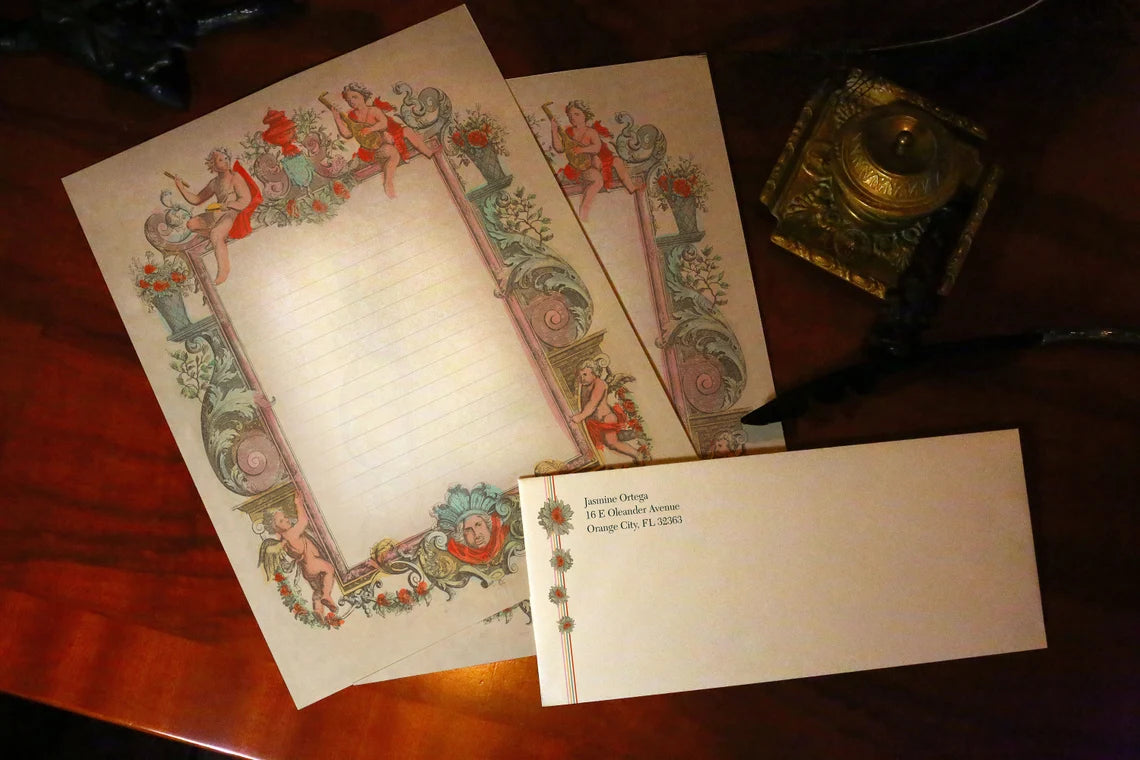 Rococo Cherubs, Luxurious Handcrafted Stationery Set for Letter Writing, Personalized, 12 Sheets/10 Envelopes