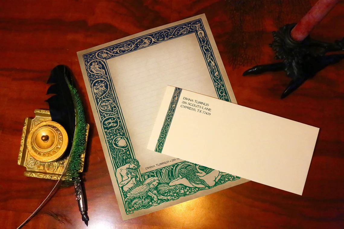 Satyr and Nymph, Luxurious Handcrafted Stationery Set for Letter Writing, Personalized, 12 Sheets/10 Envelopes, Available in Three Colors