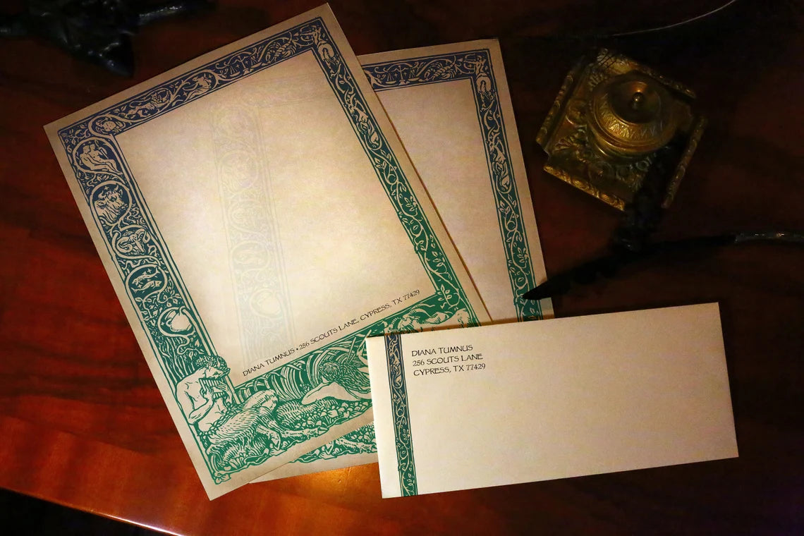 Satyr and Nymph, Luxurious Handcrafted Stationery Set for Letter Writing, Personalized, 12 Sheets/10 Envelopes, Available in Three Colors