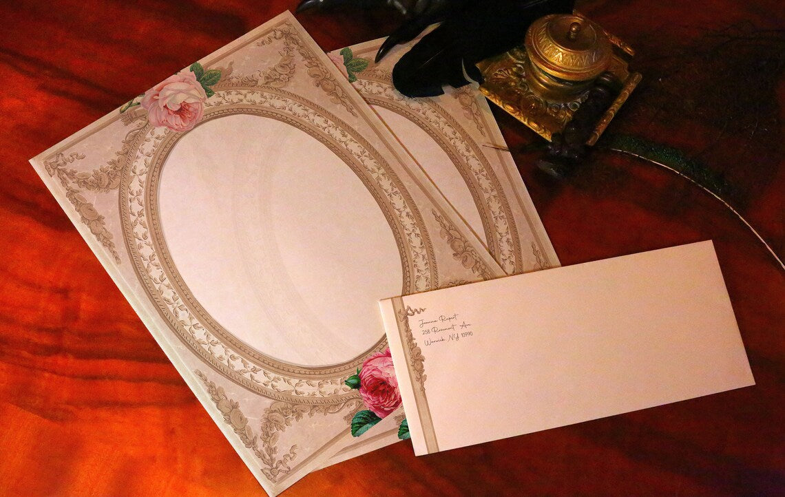 Vintage Victorian Rose, Luxurious Handcrafted Stationery Set for Letter Writing, Personalized, 12 Sheets/10 Envelopes