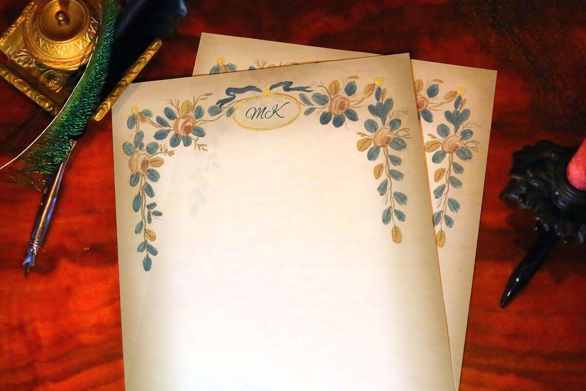 Rose Garland, Luxurious Handcrafted Stationery Set for Letter Writing, Personalized, 12 Sheets/10 Envelopes