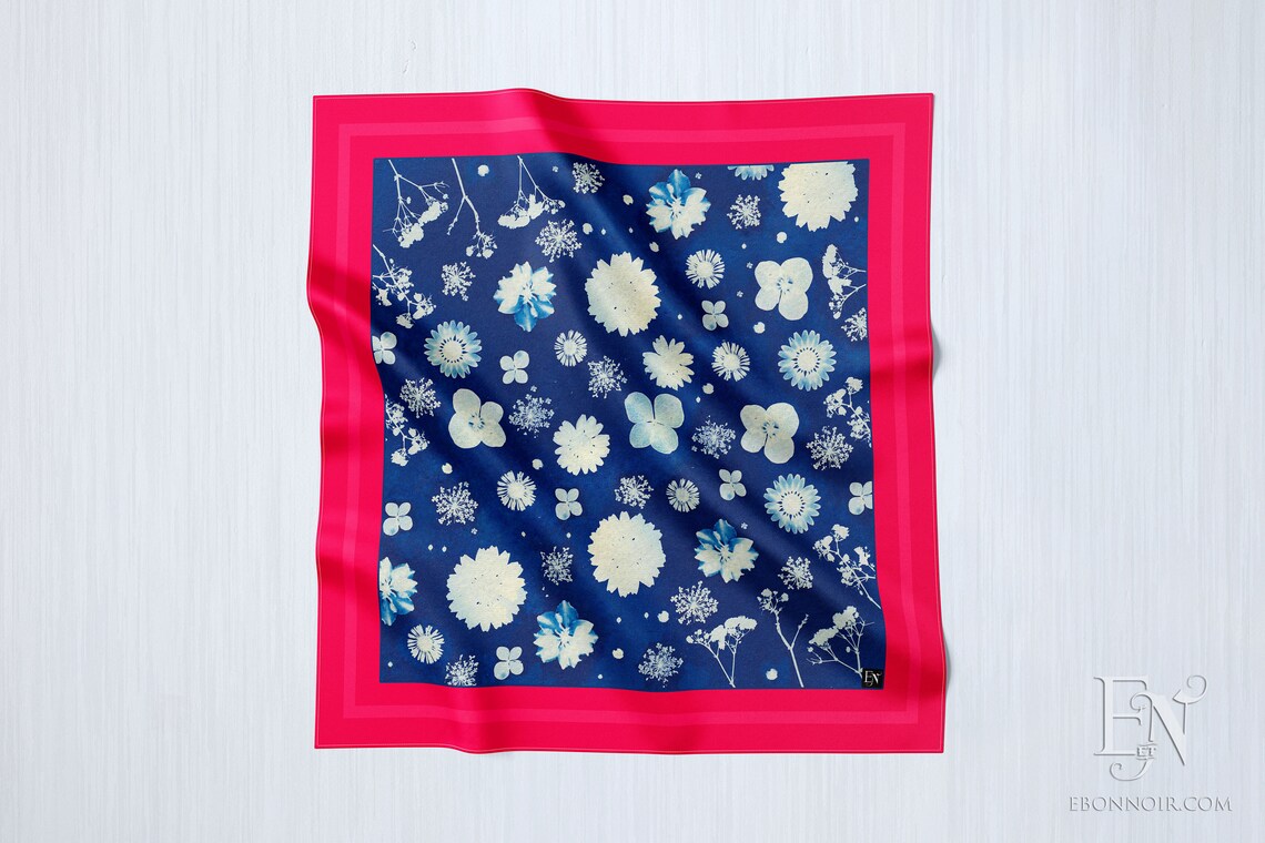 Pressed Flowers, Blue and Magenta, Luxurious Square Scarf/Wrap/Boho Shawl, Made to Order, Handmade and Cruelty-Free