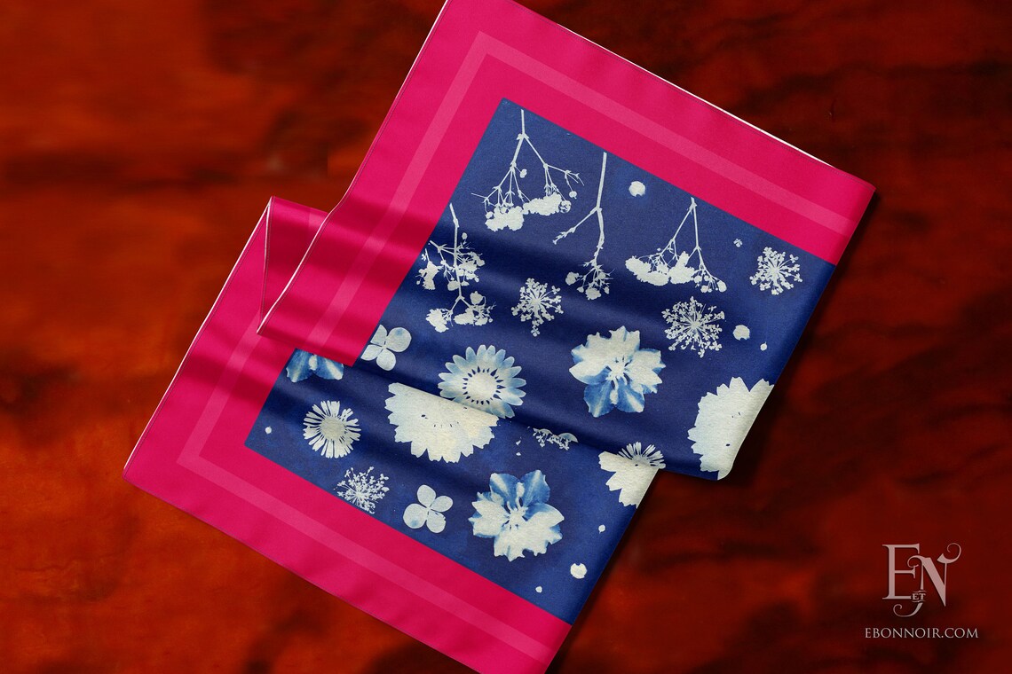 Pressed Flowers, Blue and Magenta, Luxurious Square Scarf/Wrap/Boho Shawl, Made to Order, Handmade and Cruelty-Free