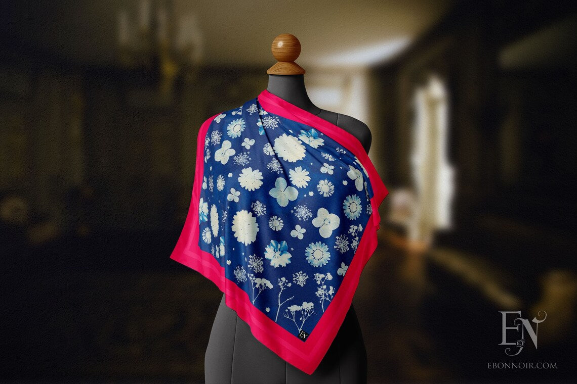 Pressed Flowers, Blue and Magenta, Luxurious Square Scarf/Wrap/Boho Shawl, Made to Order, Handmade and Cruelty-Free