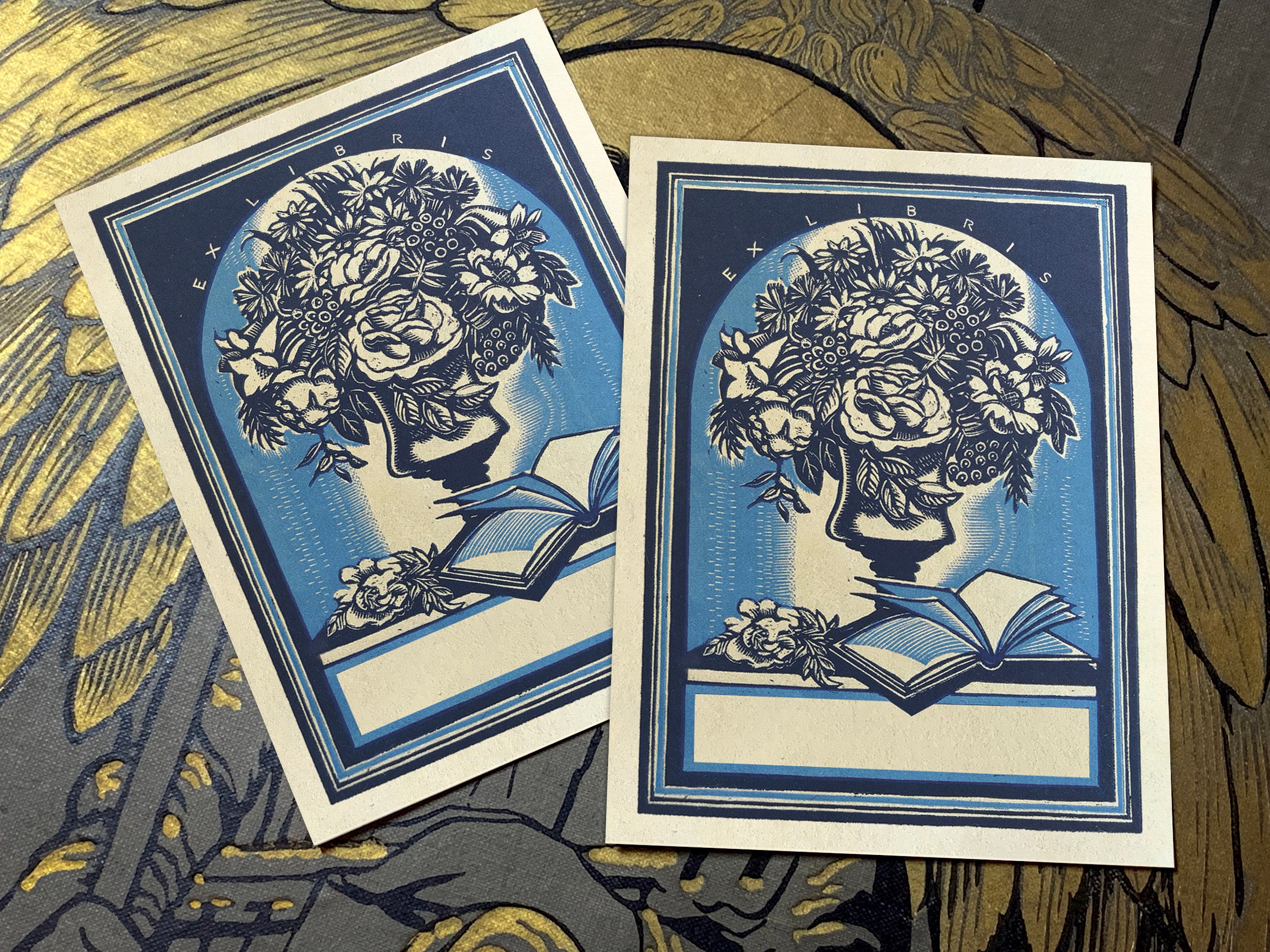 Woodcut Bouquet, Personalized Ex-Libris Bookplates, Crafted on Traditional Gummed Paper, 3in x 4in, Set of 30