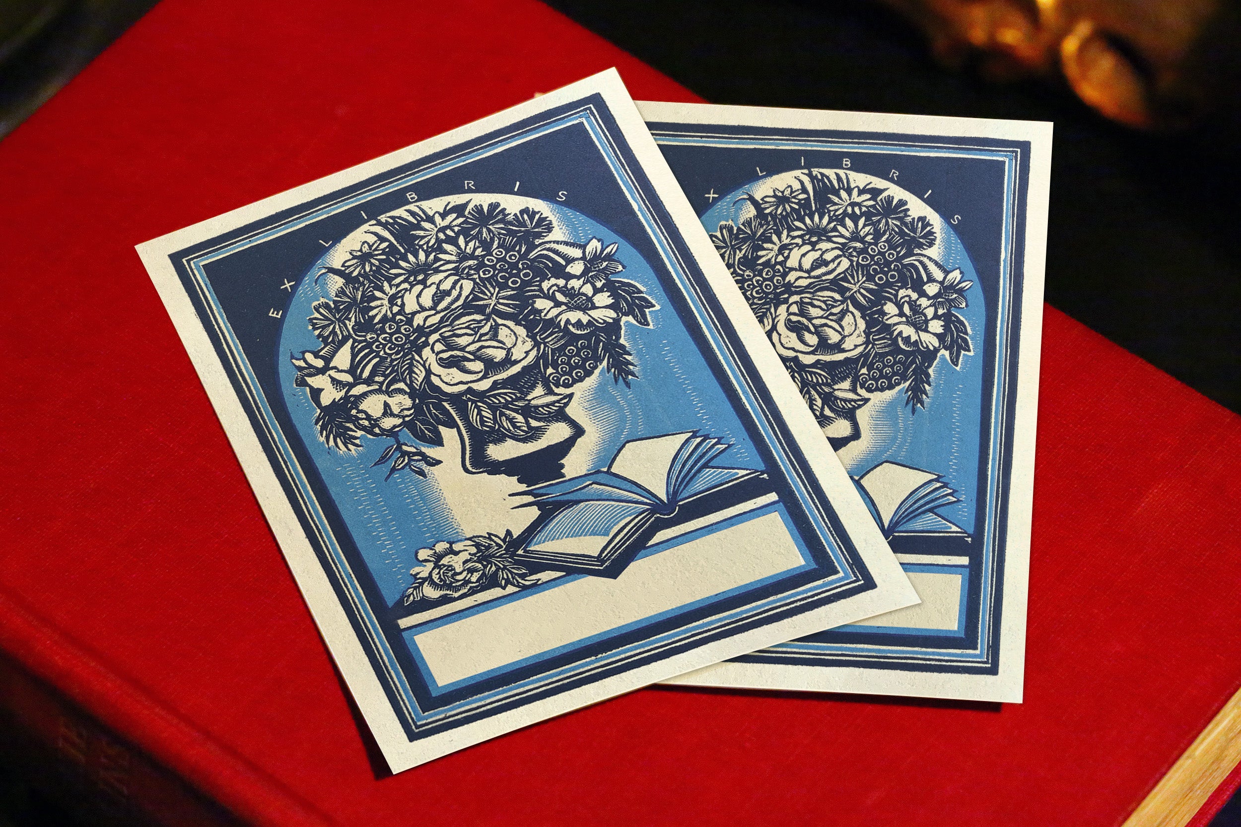 Woodcut Bouquet, Personalized Ex-Libris Bookplates, Crafted on Traditional Gummed Paper, 3in x 4in, Set of 30