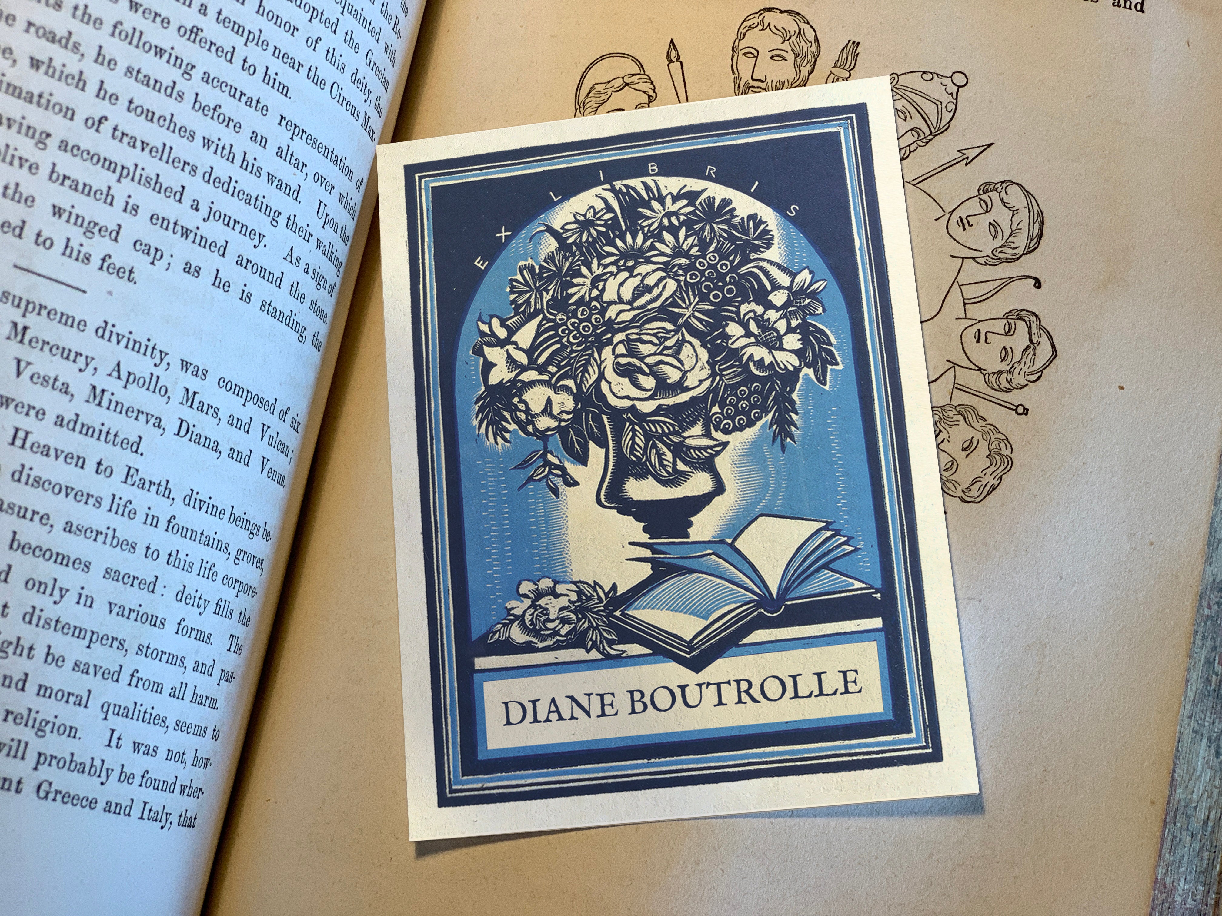 Woodcut Bouquet, Personalized Ex-Libris Bookplates, Crafted on Traditional Gummed Paper, 3in x 4in, Set of 30