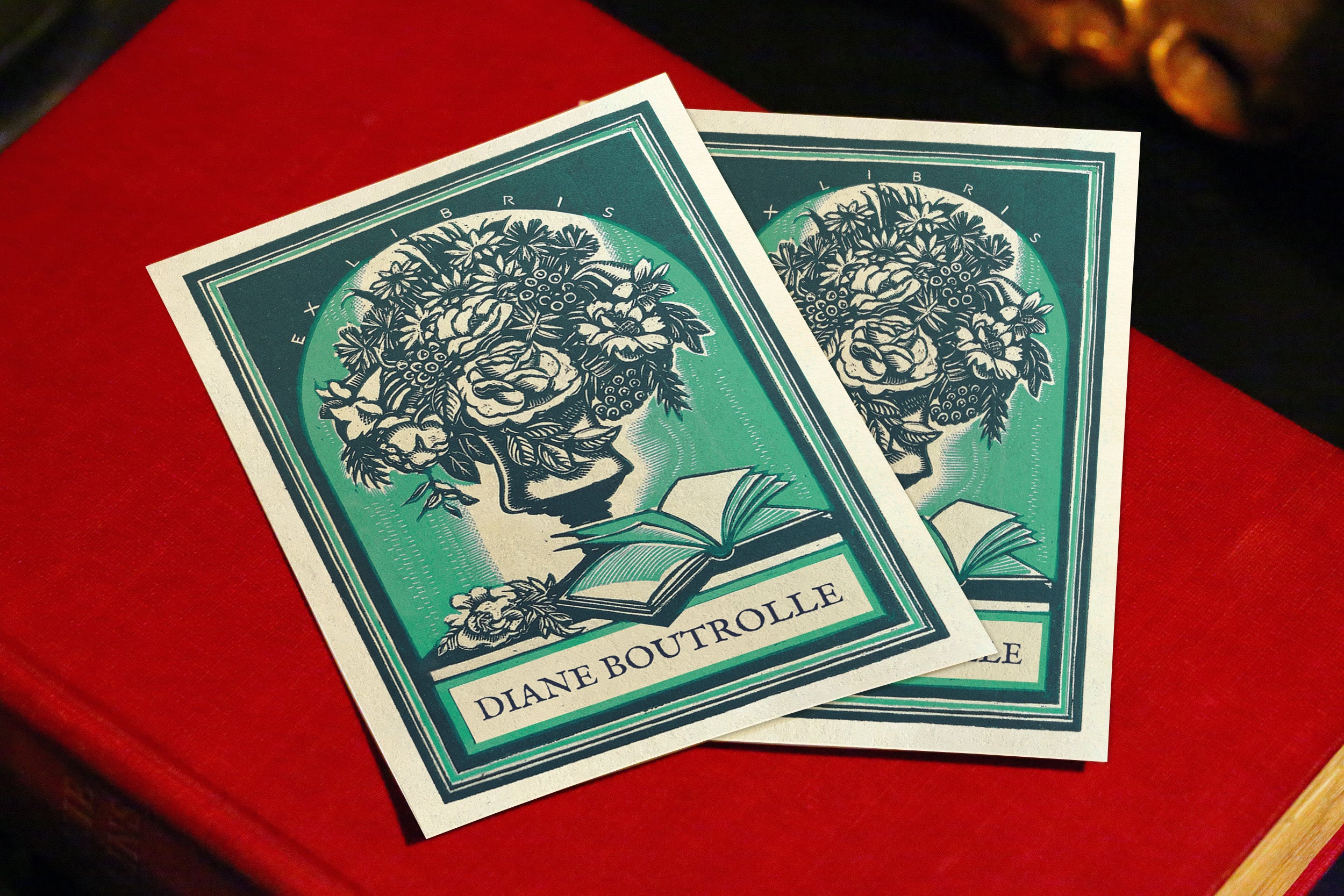 Woodcut Bouquet, Personalized Ex-Libris Bookplates, Crafted on Traditional Gummed Paper, 3in x 4in, Set of 30